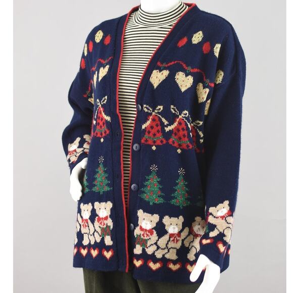 Vintage 90s Teddy Bear Christmas Cardigan Women's Large - Picture 7 of 10